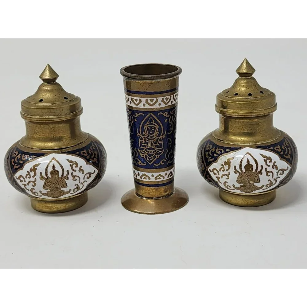 Vintage‎ Brass Gold Salt And Pepper Shakers Tray Toothpick Holder Unmarked